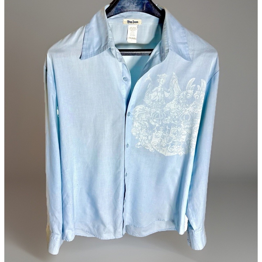 Vintage Pop Icon Y2K Men's L Button-Up Light Blue‎ Nautical Heraldic Crest Print